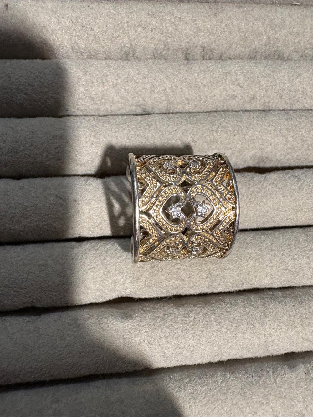 Gold and Silver Filigree Wide Band Ring with Crystal Accents